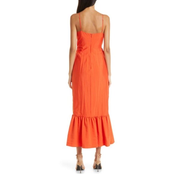 CINQ À SEPT 'Neena' Ruched Ruffle-Trim Midi-Dress, Cherry Tomato - Picture 4 of 4